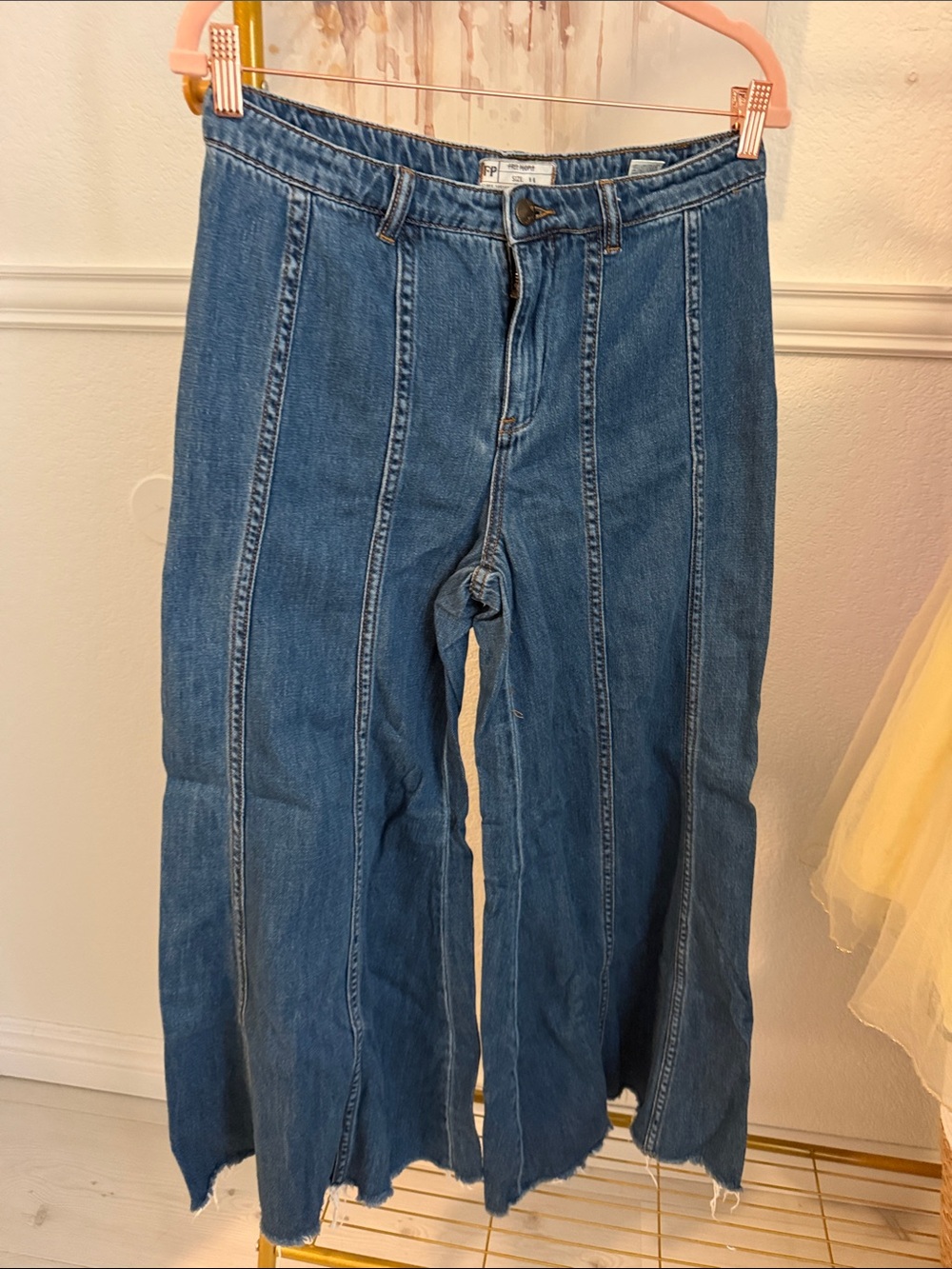 Free People Blue Panel-Seam Wide Leg Jeans